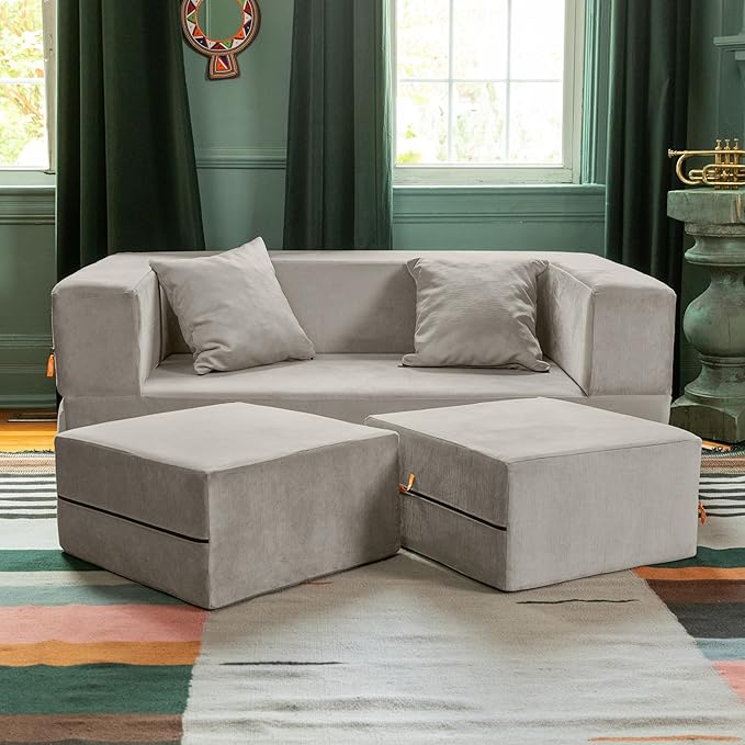Jaxx Zipline Convertible Sleeper Loveseat &amp Ottomans Textured Microvelvet - Dove Grey
