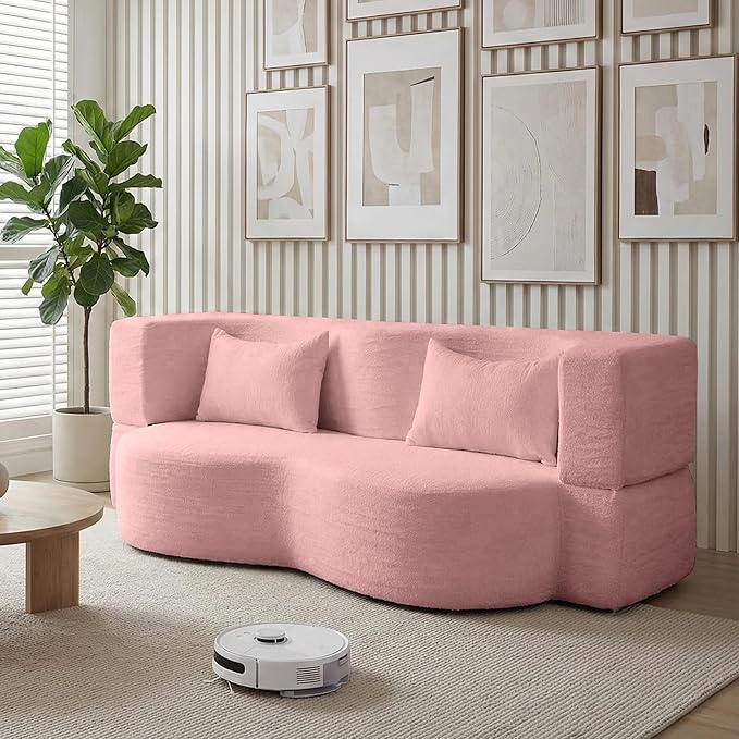 Modern Convertible Sleeper Sofa BedCompact Couch Loveseat Sofa Curved Seating Floor Couch Comfy Teddy Fabric SofaSoft Cloud Couch with Pillows for Apartment Living Room Bedroom (Pink)