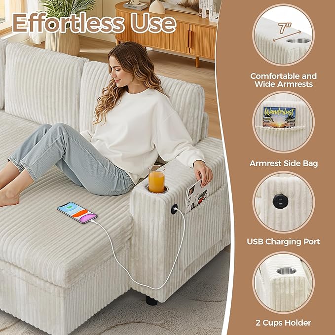Modular Sectional Sleeper Sofa with Pull Out Bed Plush Corduroy L Shaped Couch with Storage Chaise USB Ports Cup Holders Comfy Cloud Couches for Living Room White