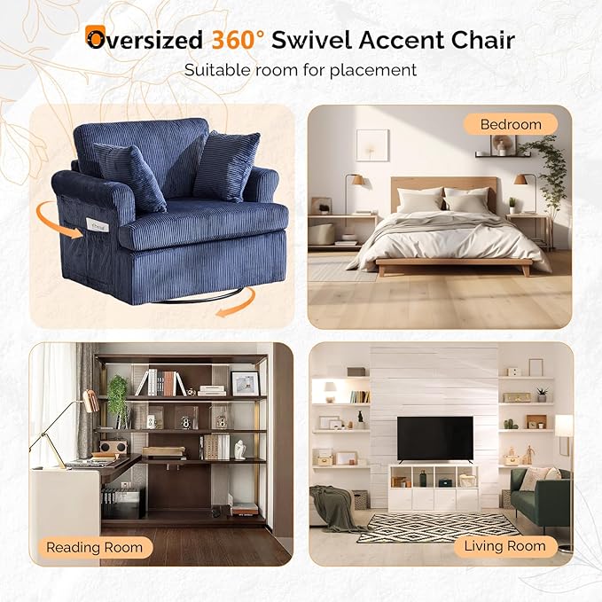 VINGL 39.2 Wide 360° Swivel Accent Armchair with 2 Pillows Oversized Single Sofa Chair and a Half with Side Pockets and Wide armrest for Living Room Bedroom Reading Room Corduroy Blue