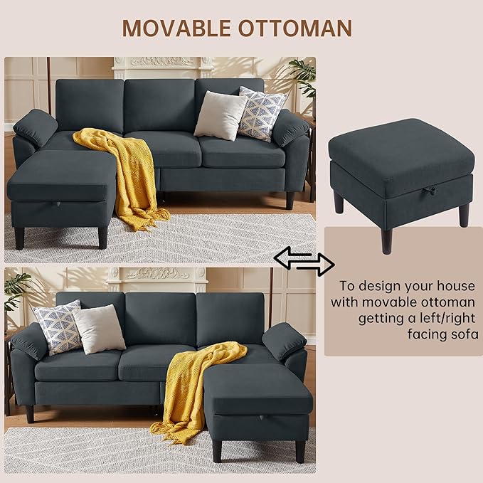 Sectional Sofa82 L Shaped 3 Seater Couch with Movable Ottoman Armrest Pillow Polyster Fabre for Small Spaces Dark Grey