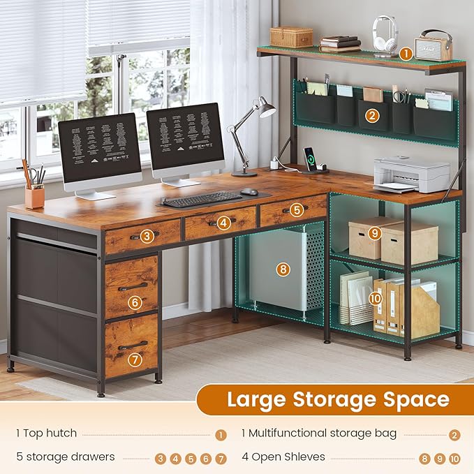 SEDETA L Shaped Desk with Drawers and Hutch 47.2 Reversible Office Computer Desk with 5 Fabric Drawers L Shaped Desk with Storage Shelves Power Outlet and LED Lights for Home Office Rustic Brown