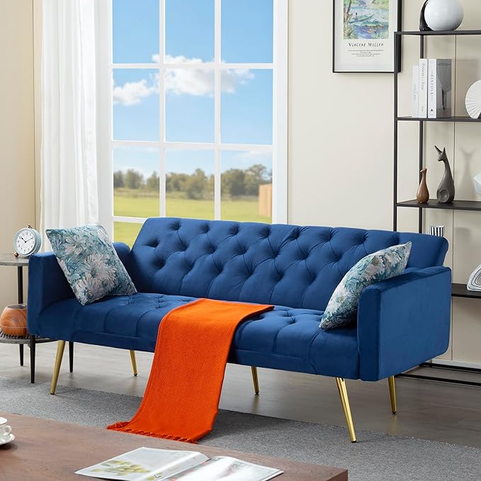 68.5” Futon Sofa Bed Convertible Futon Couch with Adjustable BackrestFolding Sofa Bed with 2 Pillows &amp Metal Legs Sleeper Loveseat with Armrest for Home Office (Bule)
