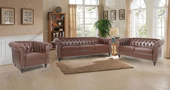 RARZOE 2 Pieces of Living Room Furniture Sofa SetsModern Contemporary Tufted Button Faux Leather Accent Club Chair&ampChesterfield Loveseat Sofas Set with Nailhead Trim Scroll Arms for HomeDark Bro