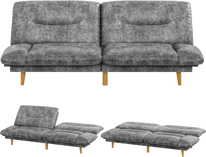 JUMMICO Convertible Futon Sofa Bed Sleeper Futon Couch with Adjustable Backrest and Armrests Modern Loveseat with Sturdy Wood Frame for Small Spaces Apartments (Leathaire Gray)