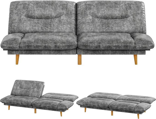 JUMMICO Convertible Futon Sofa Bed Sleeper Futon Couch with Adjustable Backrest and Armrests Modern Loveseat with Sturdy Wood Frame for Small Spaces Apartments (Leathaire Gray)