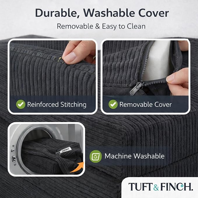 TUFT&ampFINCH 82 Folding Convertible Sofa Bed – 5 in 1 Modular Corduroy Boneless Couch for Living Room Pet-Friendly Cloud Couch Removable Washable Covers CertiPUR US Foam - Black