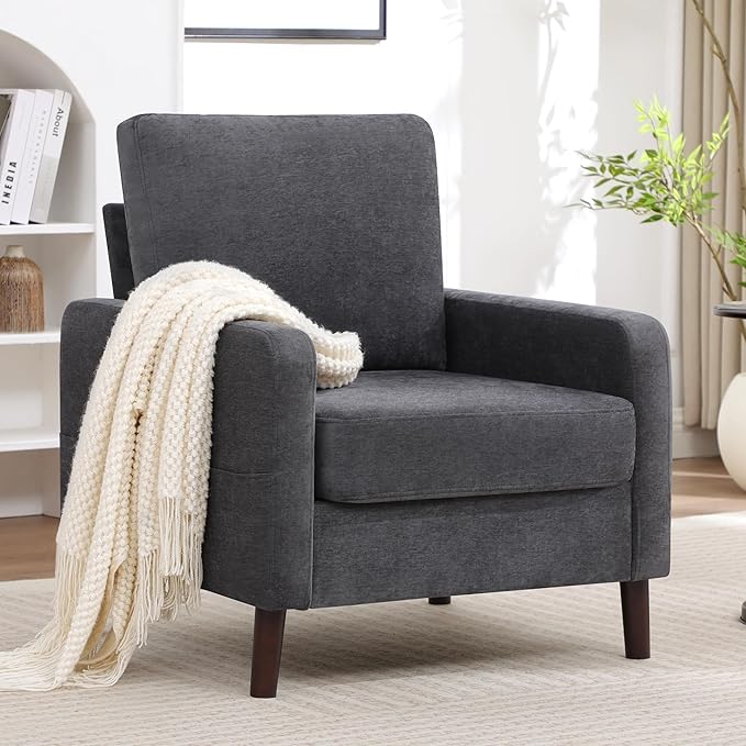 Accent Chair for Living Room Modern Reading Chair for Bedroom Upholstered Armchair with Wood Legs and Side Pockets Single Sofa Side Chair for Office Small Room Apartment Dark Grey