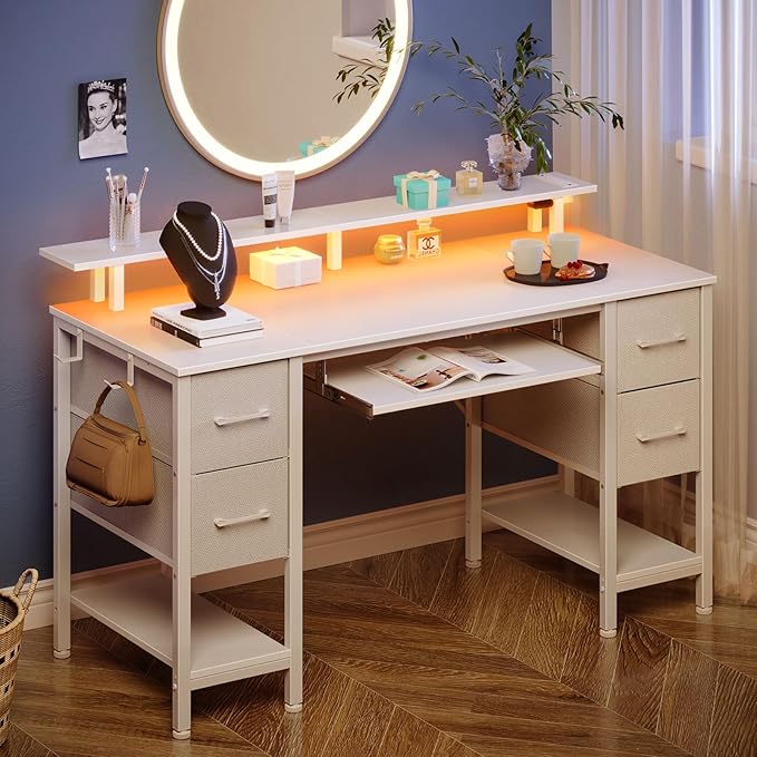 Seventable White Computer Desk with Drawers Gaming Desk with Keyboard Tray Office Desk with LED Lights &amp Power Outlets 47 inch Writing Desk with Monitor Stand for Small Space