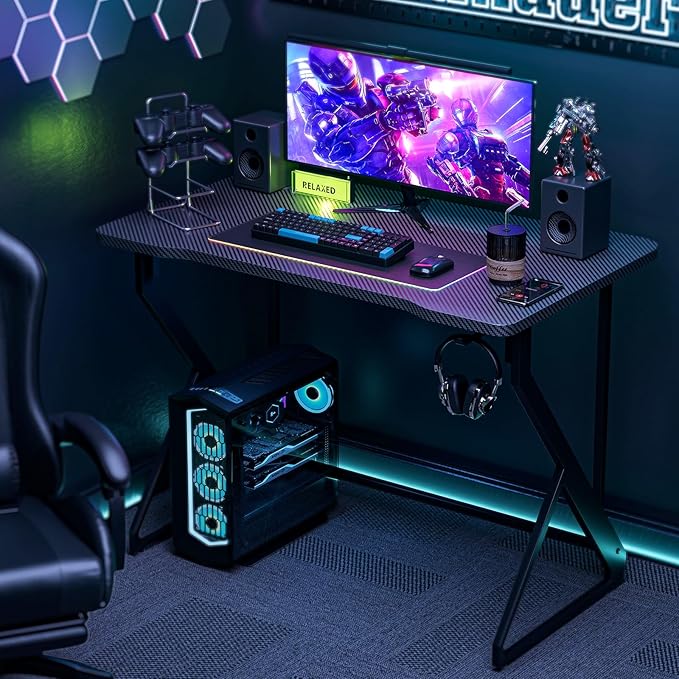 Grandder Gaming Desk Z Shaped 40 Inch Gamer Workstation Home Computer Carbon Fiber Surface Gaming Desk PC Table with Headphone Hook Carbon Fiber Black
