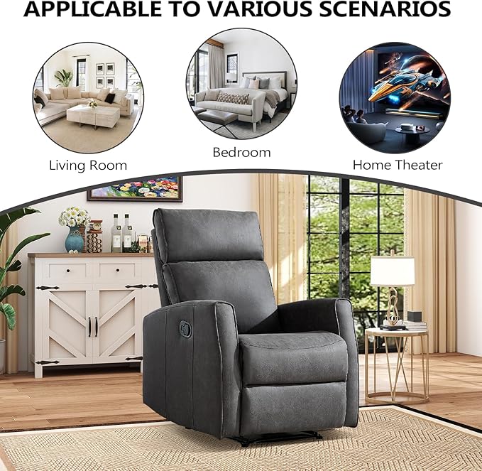 EBELLO Fabric Manual Recliner Chair Modern Adjustable Lounge Reading Chair with Overstuffed Backrest Single Reclining Winback Couch for Living Room Bedroom Grey