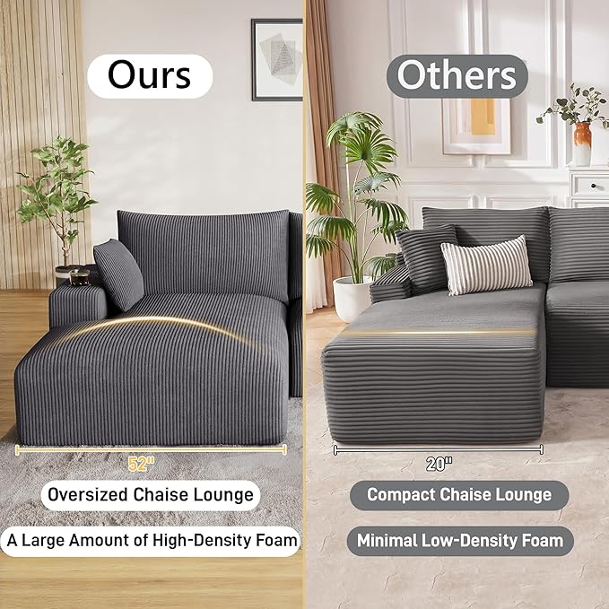 Oversized L Shaped Boneless Couch with 52 Wide Oversize Chaise 113 Fluffy Cloud Sectional Couches for Living Room Plush Corduroy Memory Foam Modular Sectional Sofa with Cup Holder Grey