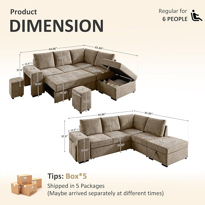 VANOMi 94 Sectional Sleeper Sofa with Pull Out Couch Comfy 6 Seater L Shaped Modular Sofa with Storage Ottoman Modern Convertible Chenille Cloud Couches for Living Room Apartment Camel