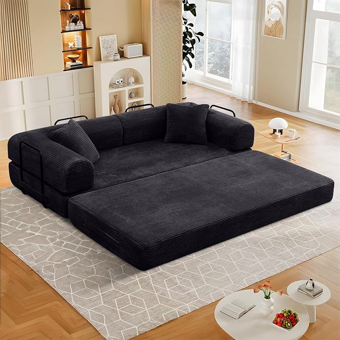 78 Convertible Sleeper Sofa Bed with Cylindrical Pillow Corduroy Folding Mattress Couch with Fixed Frame Floor Sofa Lounge Couch for Living Room Bedroom Apartment Black