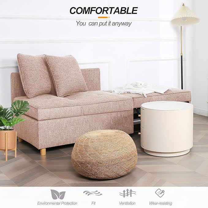 SEJOV 71 Convertible Couch Bed Brown Wood Loveseat Sofa Adjustable Couch Sleeper with Pull Out Bed Modern Linen Fabric Space-Saving Sofas for Living Room Apartment and OfficeLight Brown