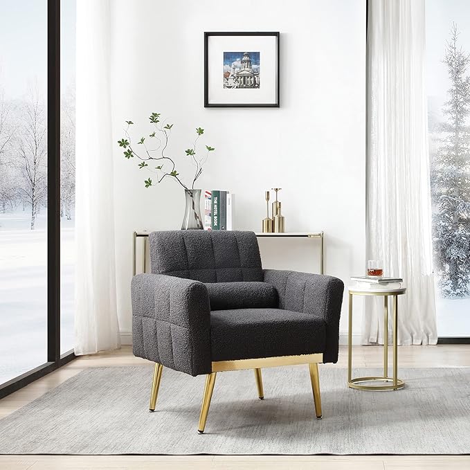 Modern Chair Lounge Chair Armchair Accent Living Room Chair with Tapered Metal Legs and Waist Pillow LoungeTeddy Fabric Gray