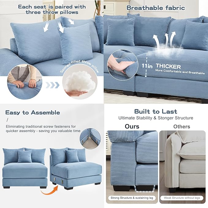 Cloud Couch Modular Sectional Sofa 167.6 Oversized 4 Seater U Shaped Couch Deep Seat Sectional Couches for Living Room Comfy Corduroy Upholstery Sofa Extra-Wide Armrests with OttomanBlue