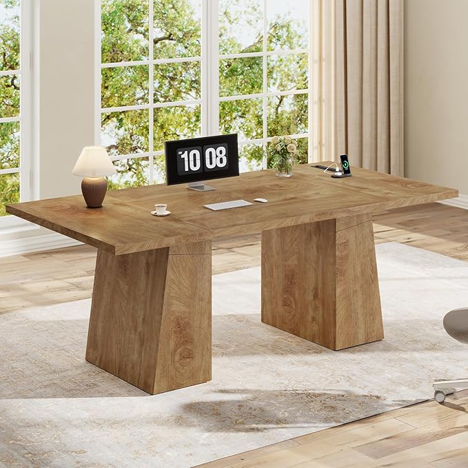 63 in Executive Desk with Power Outlets Modern Home Office Desk with Storage Cabinet Wood Computer Desk Business Workstation Desk Conference Table (Oak)