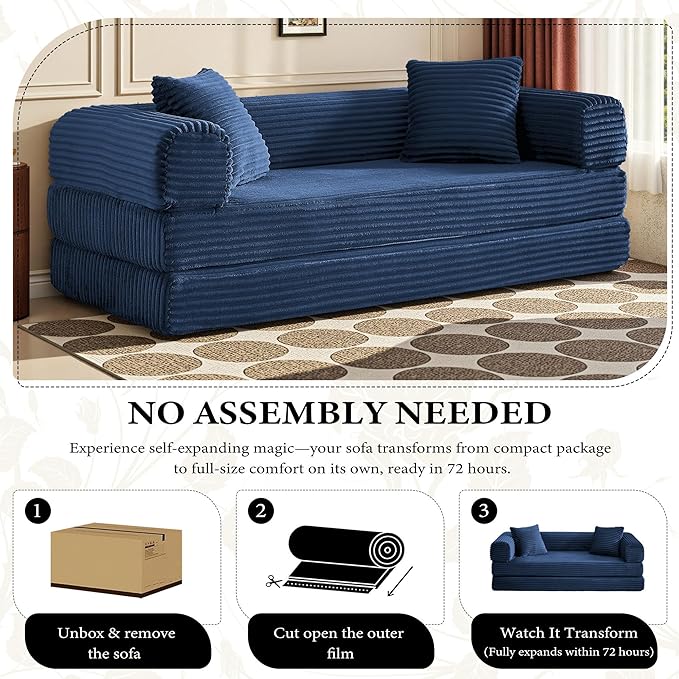 Boneless Couch Versatile Couches for Living Room No-Install Sofa Bed Corduroy Futon Soft Cloud Couch with Pillows for Bedroom Game Movie
