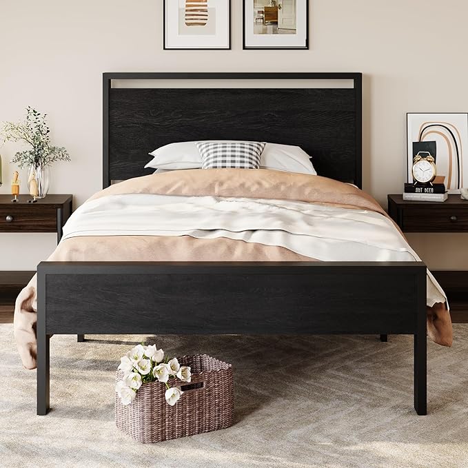 SHA CERLIN 14 Inch Twin Size Metal Platform Bed Frame with Wooden Headboard and Footboard Mattress Foundation No Box Spring Needed Large Under Bed Storage Heavy Duty Slats Support Black Oak