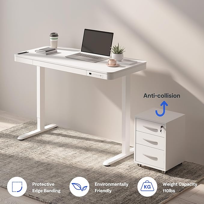 FLEXISPOT Comhar Electric Standing Desk with Drawers Charging USB A to C Port Height Adjustable 48 Whole-Piece Home Office Computer Laptop Table with Storage (White Top + Frame)