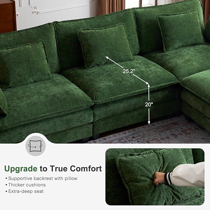 ABCASA 150 Oversized Modular Sectional Sofa with Throw Pillows &amp Movable Ottoman Comfy Cloud Couch 6-Seat Deep Seat Sofa U Shaped Modern Sofa for Living Room Apartment - Chenille Green