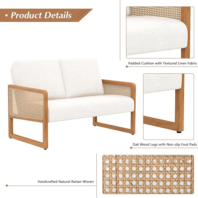 Small Loveseat Sofa with Rattan Arms Linen Mini Couch for Living Room Bedroom Modern Upholstered Love Seat with Wood Legs Ivory