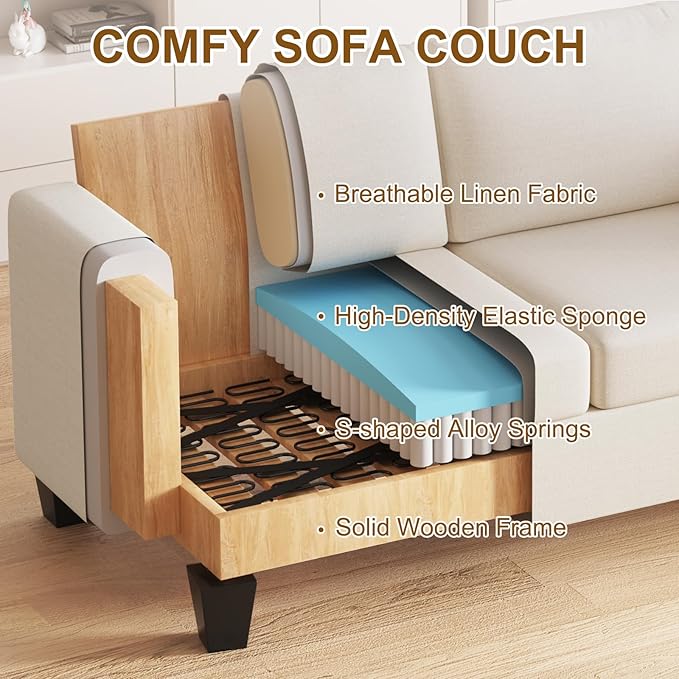 Furnimart 85 inch Deep Seat Sofa Modern 3 Seater Couch Beige Linen Sofa Comfy Cloud Couch for Living Room Cozy Fluffy Sofas with Removable Sofa Cover Small Couches for Small Spaces