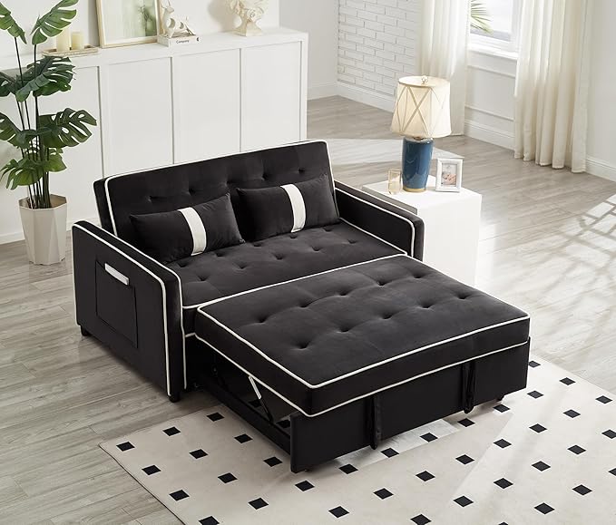 3 in 1 Convertible Sleeper Sofa Bed Small Couch for Living Room Bedroom with Pullout Bed Adjustable BackrestVelvetLoveseat Sofa BedFuton Couches (Black)