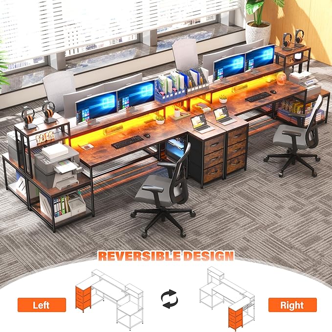 EnHomee 71 L Shaped Computer Desk with 3 Drawers &amp HutchReversible Gaming Desk with LED Lights &amp Power OutletHome Office Desks with Monitor Stand &amp Printer Shelf for Student School Rust
