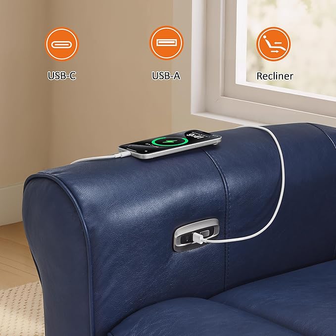 MCombo Power Wall Hugger Recliner Chair for Small Space RV Living Room USB &amp USB-C Charging Ports Modern Rolled Arm Recliner Faux Leather PR630 (Navy Blue Medium)
