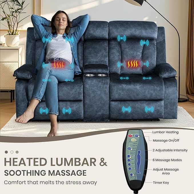Power Reclining Loveseat with Heat &amp Massage Dual Recliner Sofa with Console Cup Holders USB &amp Type-C Ports 2 Seater Electric Reclining Couch for Living Room RV (Blue 2 Seat)