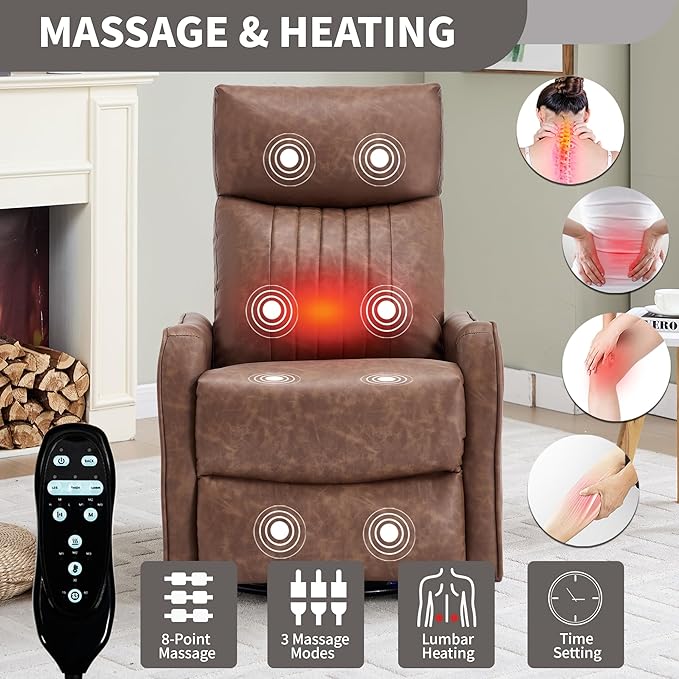 Light Brown 360° Swivel Rocker Recliner Chair Massage Reclining Chair with 8-Point Vibration &amp Lumbar Heat for Adults Elderly 155° Recline Easy Assembly for Living Room