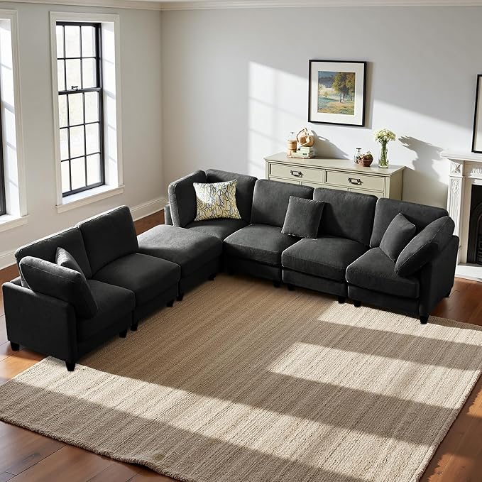 Modular Sectional Sofa Oversized Chenille Cloud Couch with Movable Ottoman 7 Seater Cloud Sectional Couch Convertible L/U-Shape and Sofa Bed Couches for Living Room Black