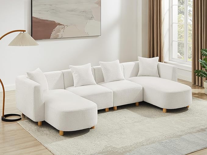 VANOMi 113 Sectional Sofa with 4 Pillows U-Shaped 4-Seater Comfy Boucle Cloud Couch Modern Double Chaises Lounge Sofas for Living Room Office Apartment (White-U)