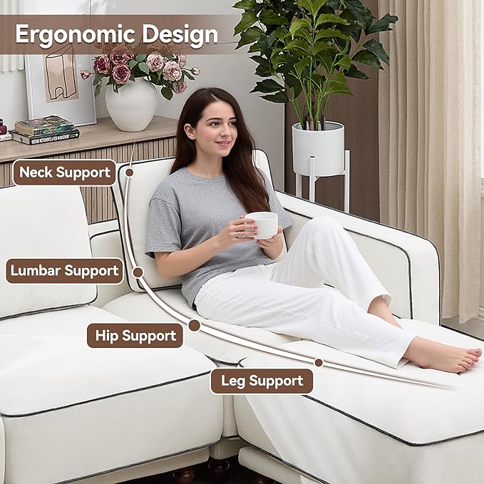 112 Modular Sectional Sofa Oversized 3-Seater Cloud Couches for Living Room Comfy Deep Seat Sofa with Wooden Leg Armrets Chenille White