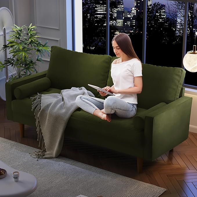 Loveseat Sofa 58 Love Seat for Small SpacesSpring CushionsEasy Assembly Sofa Couch w/Throw Pillow for Bedroom Living Room (Olive Green)