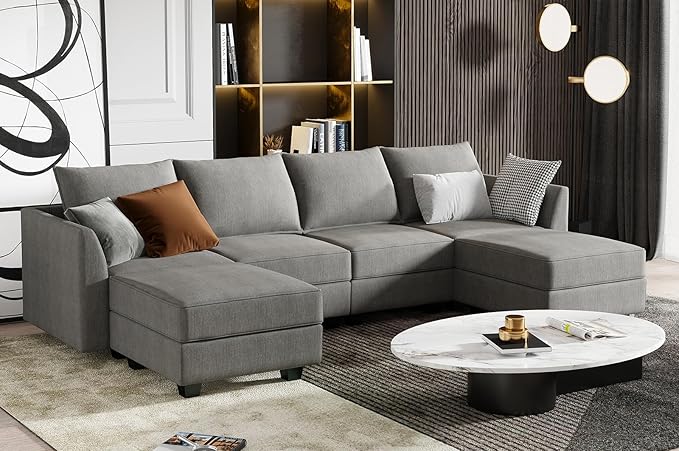HONBAY Modular Sectional Sofa with Storage U Shaped Modular Sofa 6-Seater Sectional Couch for Living Room Grey