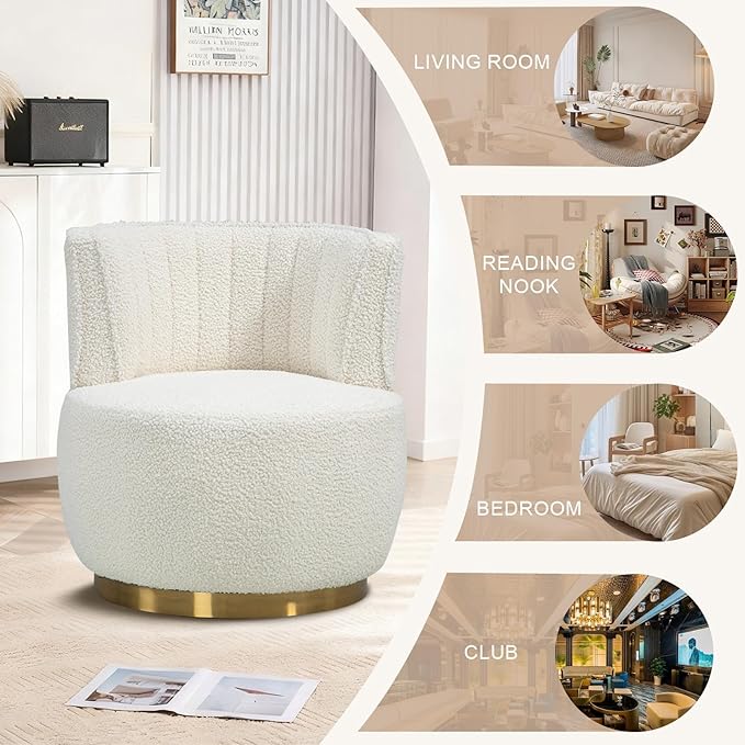 360 Degree Swivel Accent Chair Comfy Round Swivel Barrel Chair with Mental Base Upholstered Cozy Reading Armchairs Modern Lounge Sofa Chairs for Living Room Bedroom Club Office(Teddy Cream)