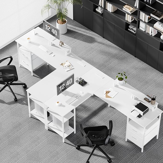 DUMOS 62 Inch L Shaped Gaming Desk with Charging Station &amp 2 Monitor Stands Computer Desk with Drawer &amp Adjustable Storage Shelves Large Corner Desk for Home Office White
