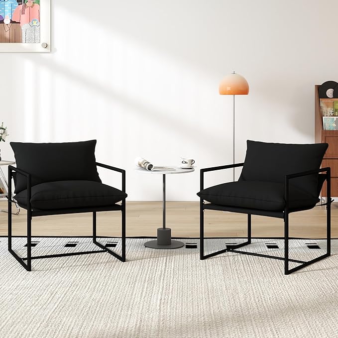 Modern Accent Chair with Arms Comfortable Living Room Seating Square Metal Frame Soft Upholstered Cushion Sponge Filling Easy to Assemble Set of 2 Black