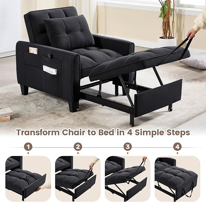 Modern Black Velvet 3 in 1 Sleeper Chair Bed Pull Out Sofa Bed Chair Adjustable Backrest 3 Reclining Positions Adult Size Indoor Use