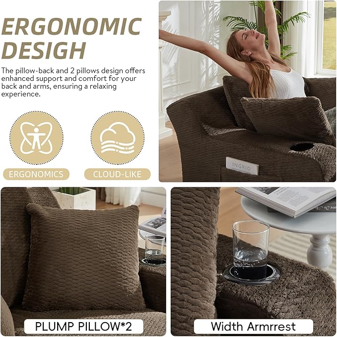 Oversized Chaise Lounge Chair - Upholstered Couch Cloud Boneless ChairDeep Seat Sleeper Sofa with Cup Holders and Side PocketsComfy Reading Chair for Living Room (Dark Brown)