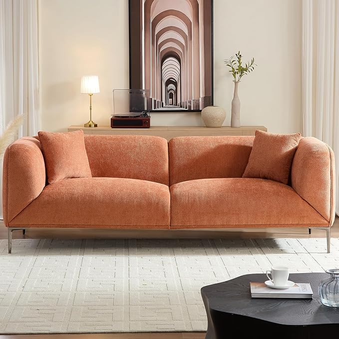 MEETAKING 82.7 Modern Boucle Sofa 3-Seater Upholstered Couch with Metal Legs Luxury Deep Seats Cloud Curved Sofas Minimalist Comfy Couches for Living Room Apartment Home Office Bedroom - Orange