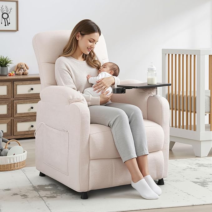 Electric Recliner Chair Power Recliner Sofa with Remote Adjustable Backrest Side Pocket &amp Swivel Tray Table 350 LBS Soft Chenille Fabric Armchair for Living Room Bedroom Beige