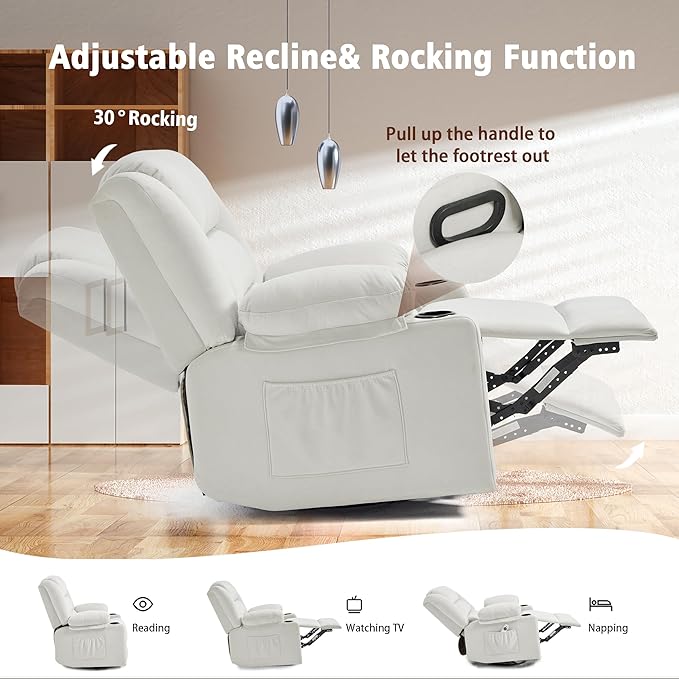 Swivel Rocking Recliner Chair with Massage and HeatOversized Rocker Recliner for Adults Upholstered Fabric Reclining Single Sofa Chair for Living RoomNursery (Beige New)