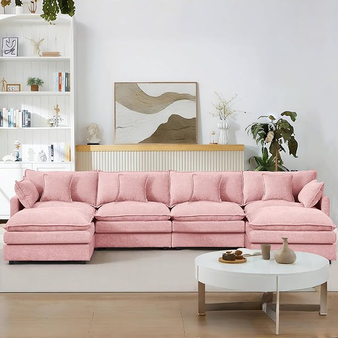 Harper &amp Bright Designs 130.7 Modular Sectional Sofa U-Shaped Cloud Couch Set with 2 Movable Ottomans 4-Seater Comfy Chenille Sofa for Living Room DIY Combination (Pink)