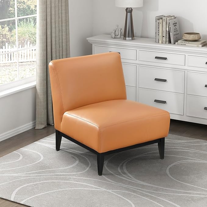 Lexicon Modern Living Room Leather Accent Chair Luxury Genuine 100% Top Grain Leather Upholstered Armless Chair Comfortable Seat Black Solid Wood Legs for Bedroom/Office Easy Assembly Orange