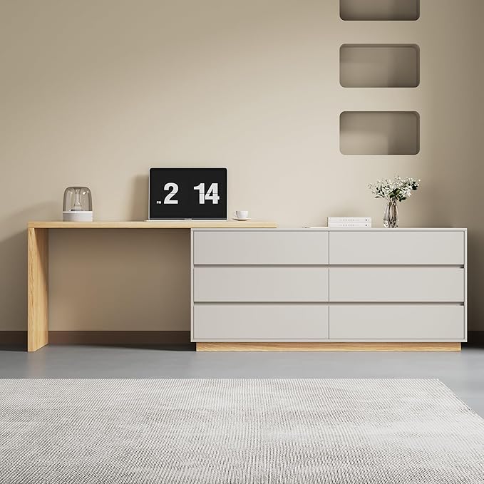 Modern Expandable L-Shaped Corner Vanity Desk with 6 Drawers Adjustable Computer Table for Home Office Study Writing Gaming and Bedroom Makeup Beige 56-98.5 ″
