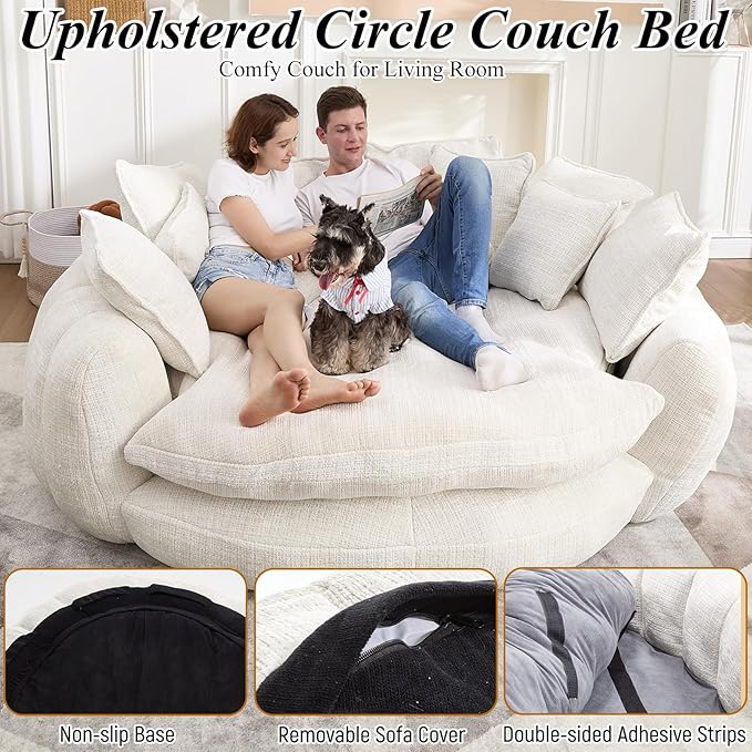 81'' Cloud Couches for Living Room Comfy Circle Round Couch Bed with 14 Pillows Upholstered Boneless Couch Oversized Chaise Lounge Chair Indoor Extra Wide Round Daybed Floor Sofa (White)